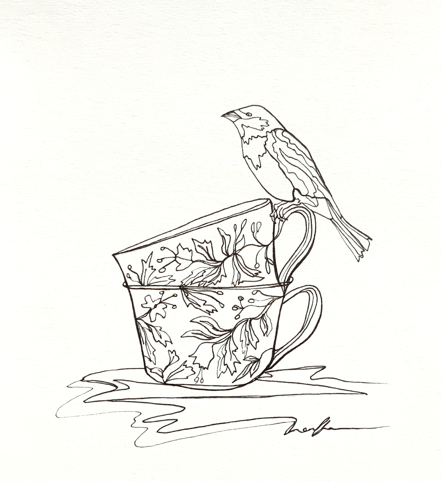 Sparrow and Tea for Two, 18x20cm (Original Line Art Drawing)